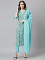 Janasya Women's Sea Green Cotton Floral Print Kurta With Pant And Dupatta | Grocsy