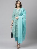 Janasya Women's Sea Green Cotton Floral Print Kurta With Pant And Dupatta | Grocsy