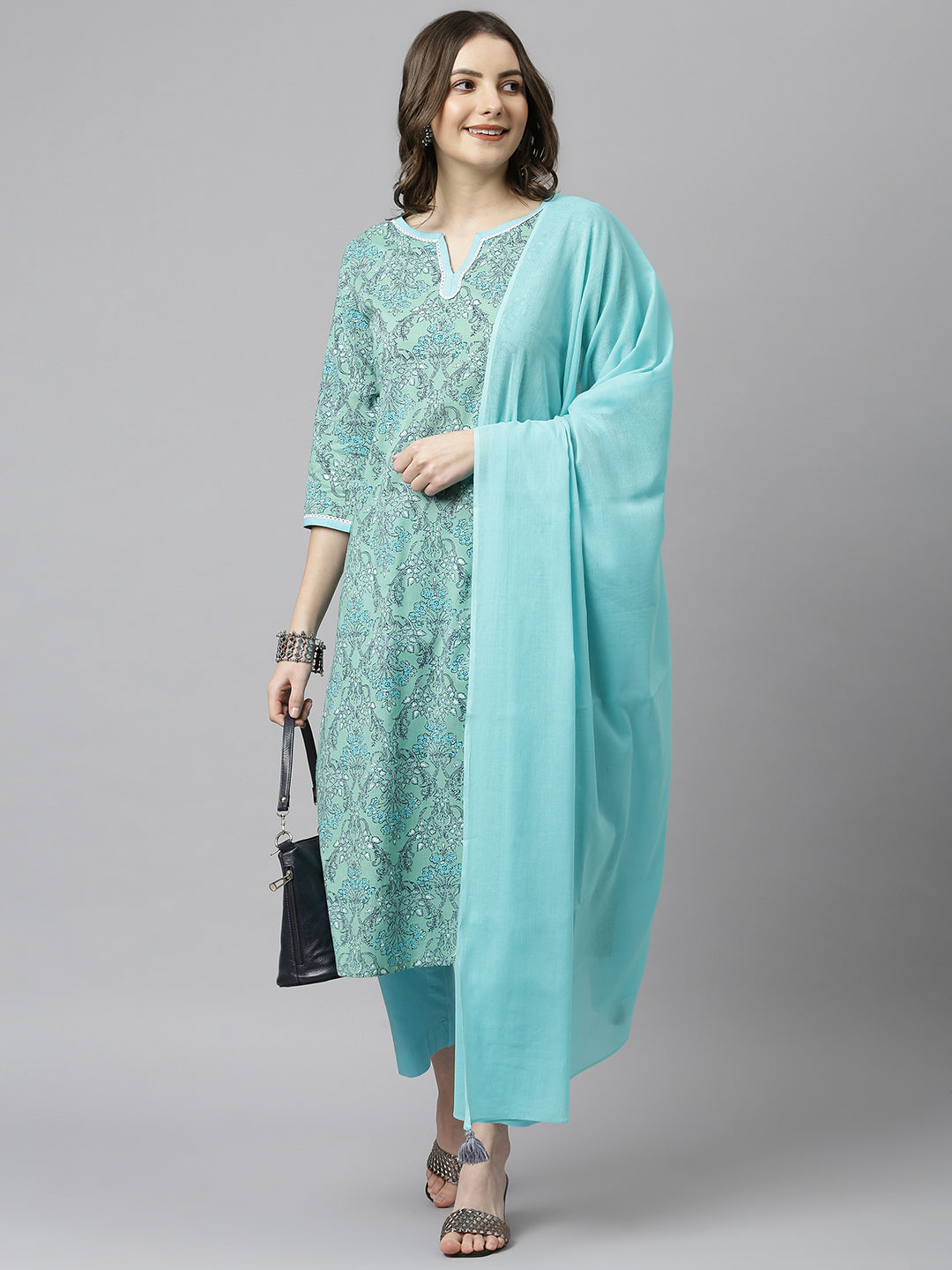 Janasya Women's Sea Green Cotton Floral Print Kurta With Pant And Dupatta | Grocsy
