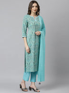 Janasya Women's Sea Green Cotton Floral Print Kurta With Pant And Dupatta | Grocsy