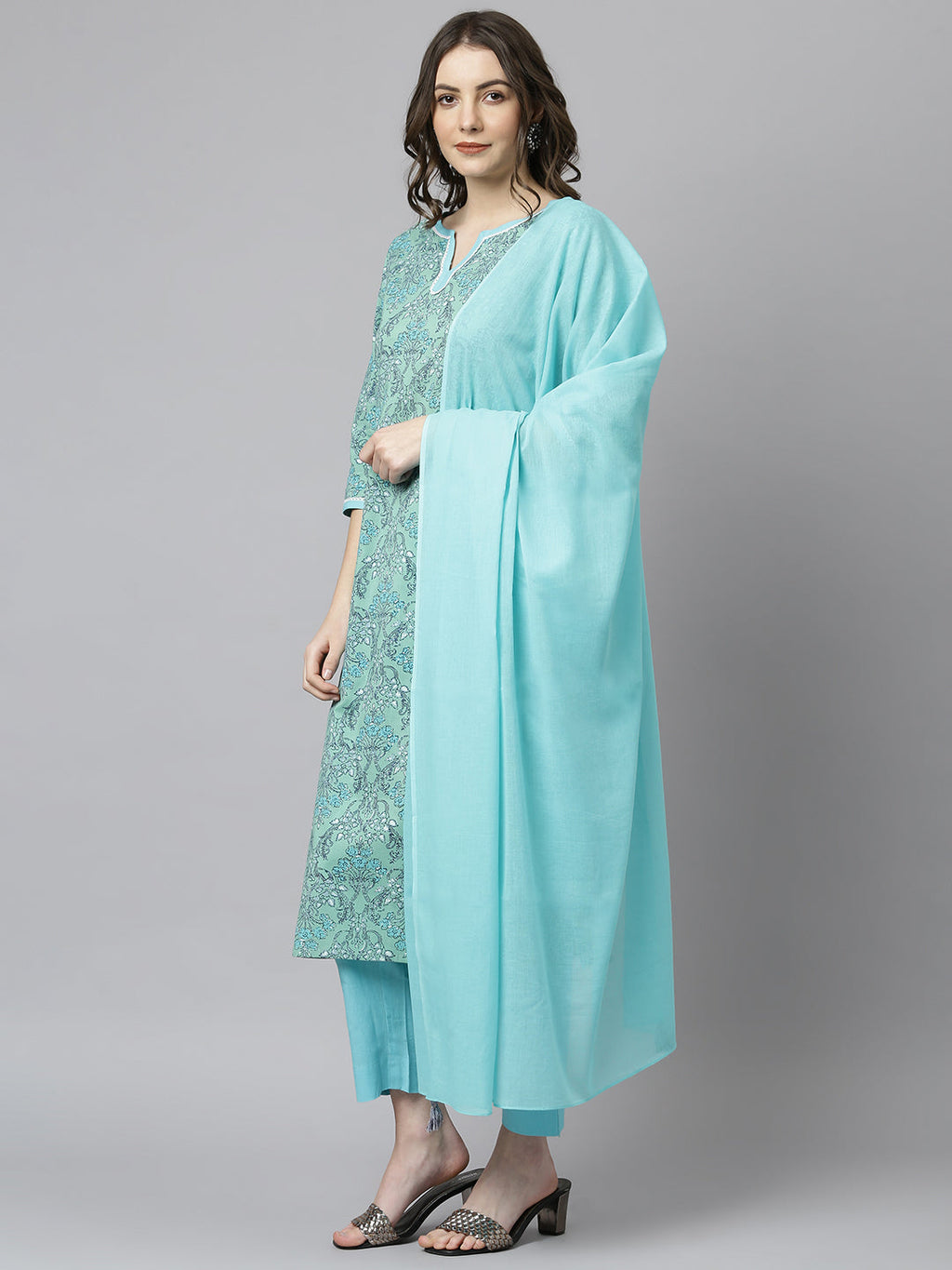 Janasya Women's Sea Green Cotton Floral Print Kurta With Pant And Dupatta | Grocsy