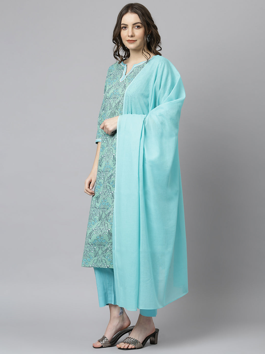 Janasya Women's Sea Green Cotton Floral Print Kurta With Pant And Dupatta | Grocsy