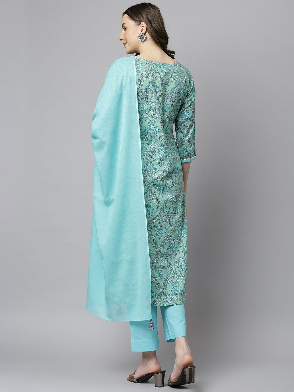 Janasya Women's Sea Green Cotton Floral Print Kurta With Pant And Dupatta | Grocsy