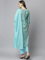 Janasya Women's Sea Green Cotton Floral Print Kurta With Pant And Dupatta | Grocsy