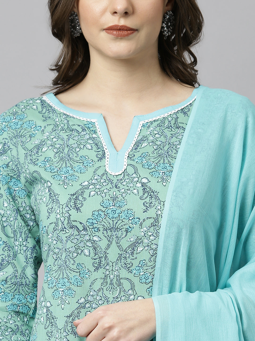 Janasya Women's Sea Green Cotton Floral Print Kurta With Pant And Dupatta | Grocsy