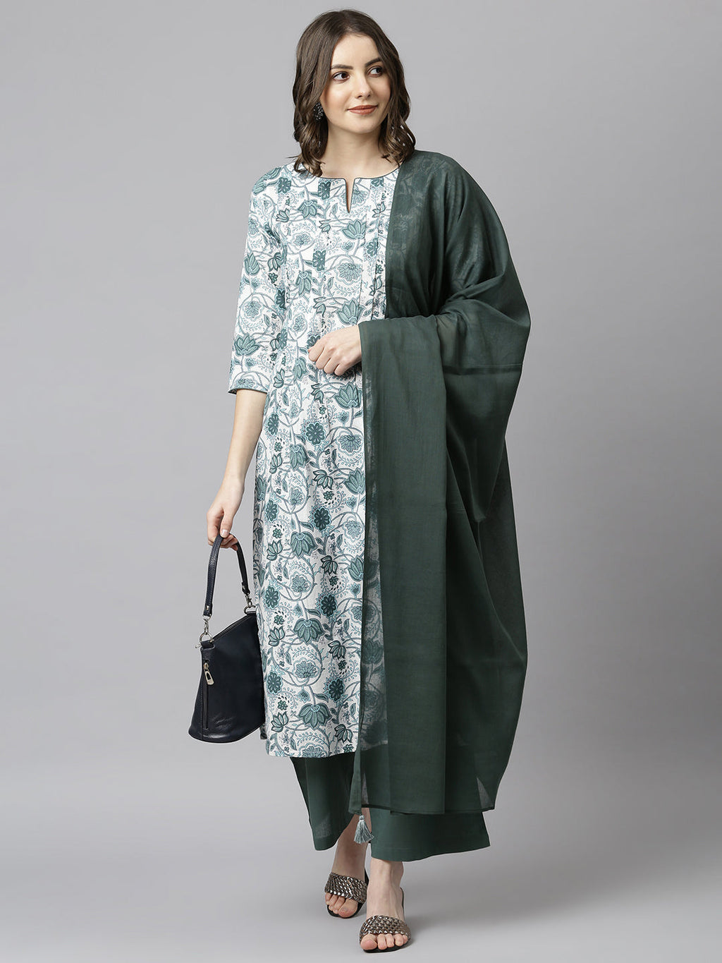 Janasya Women's White Cotton Floral Print Kurta With Palazzo And Dupatta | Grocsy