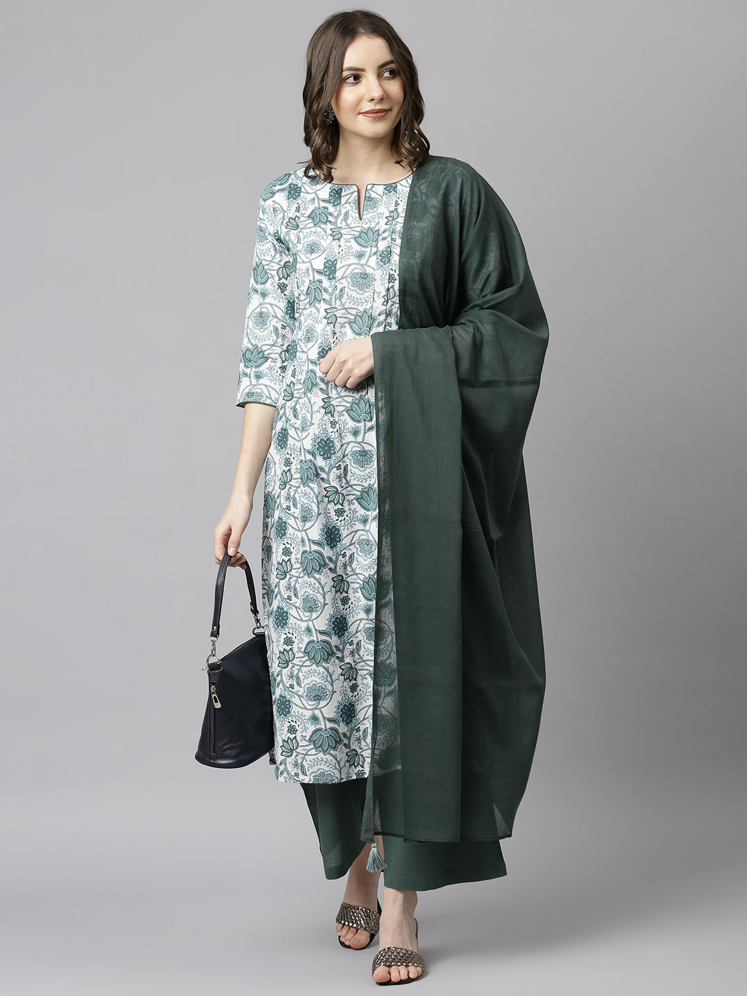 Janasya Women's White Cotton Floral Print Kurta With Palazzo And Dupatta | Grocsy