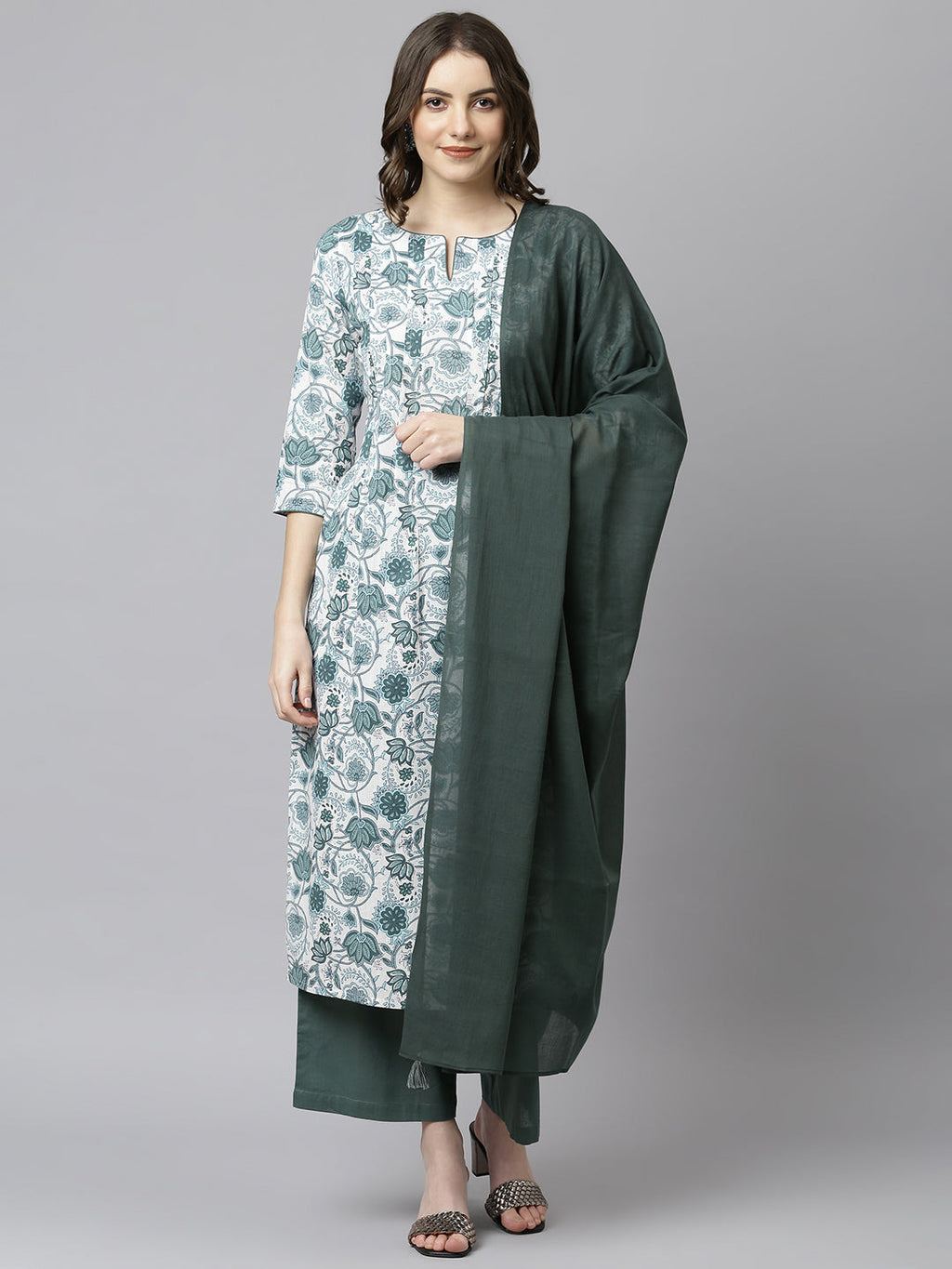 Janasya Women's White Cotton Floral Print Kurta With Palazzo And Dupatta | Grocsy