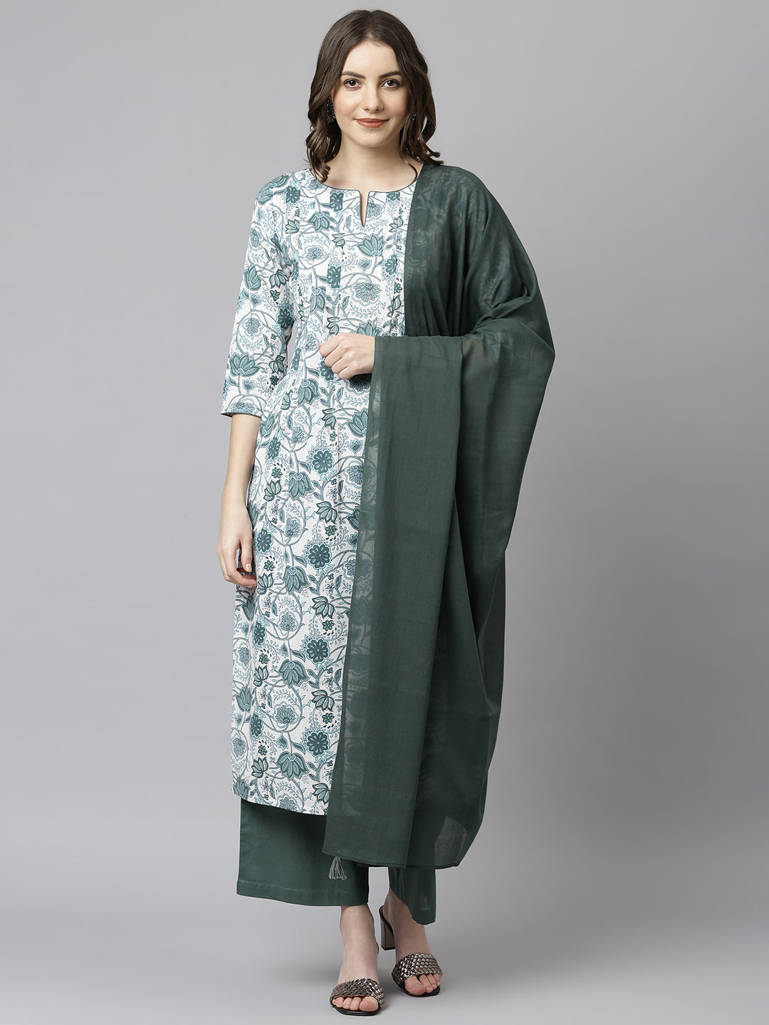 Janasya Women's White Cotton Floral Print Kurta With Palazzo And Dupatta | Grocsy