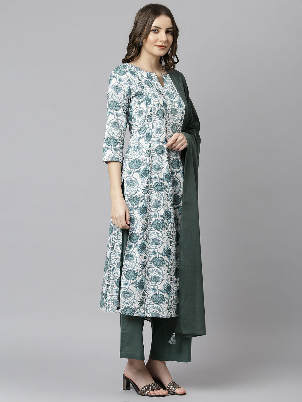 Janasya Women's White Cotton Floral Print Kurta With Palazzo And Dupatta | Grocsy