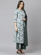 Janasya Women's White Cotton Floral Print Kurta With Palazzo And Dupatta | Grocsy