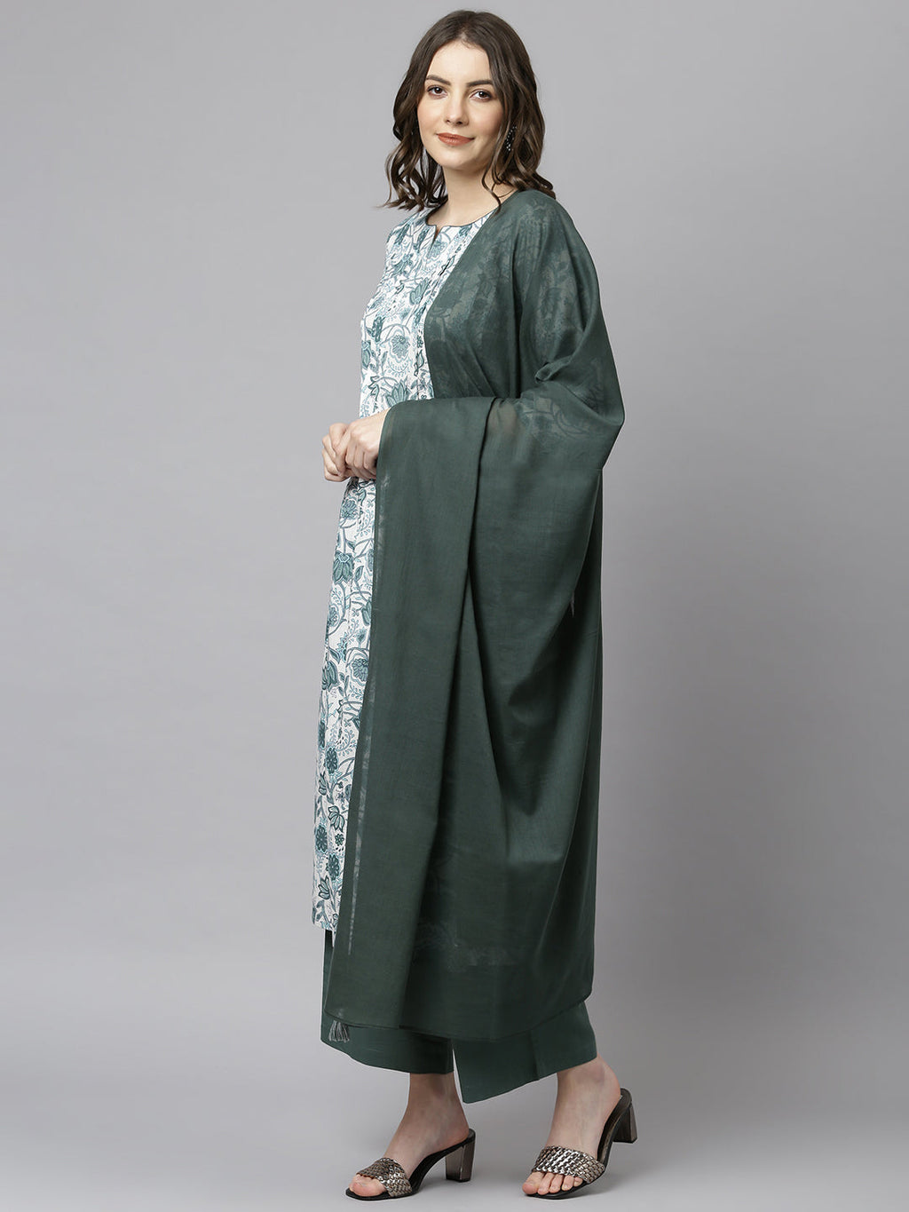 Janasya Women's White Cotton Floral Print Kurta With Palazzo And Dupatta | Grocsy