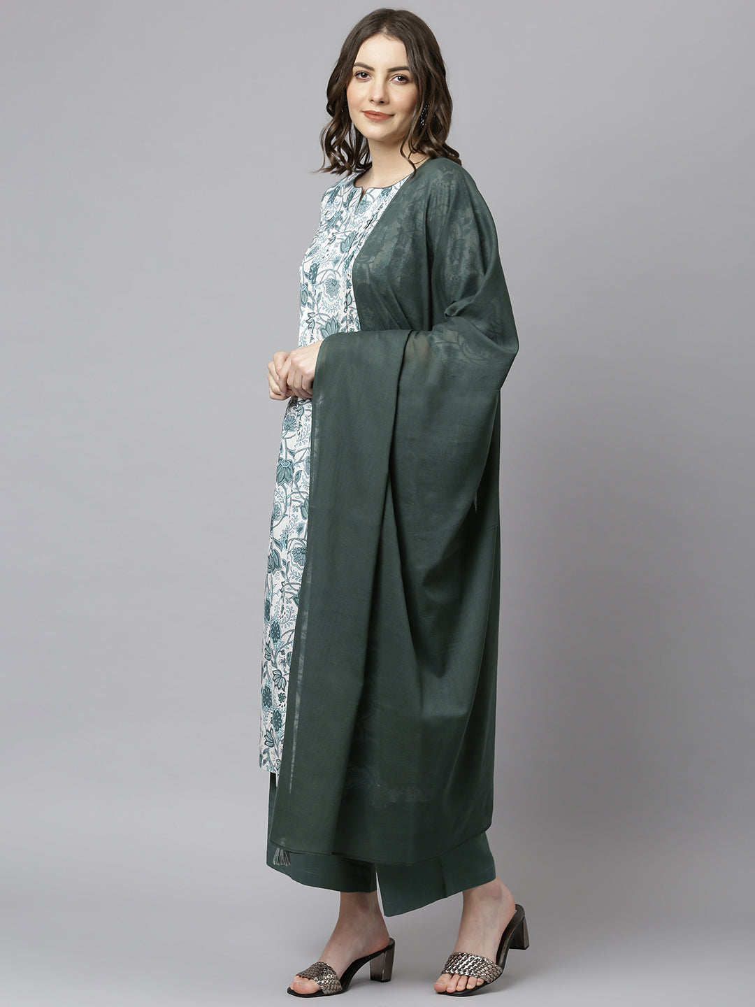 Janasya Women's White Cotton Floral Print Kurta With Palazzo And Dupatta | Grocsy