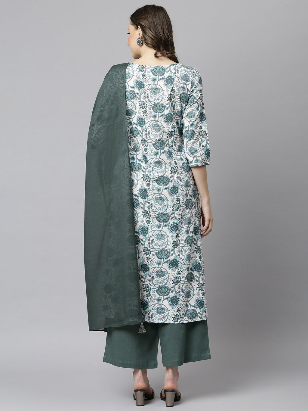 Janasya Women's White Cotton Floral Print Kurta With Palazzo And Dupatta | Grocsy