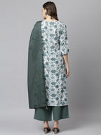 Janasya Women's White Cotton Floral Print Kurta With Palazzo And Dupatta | Grocsy