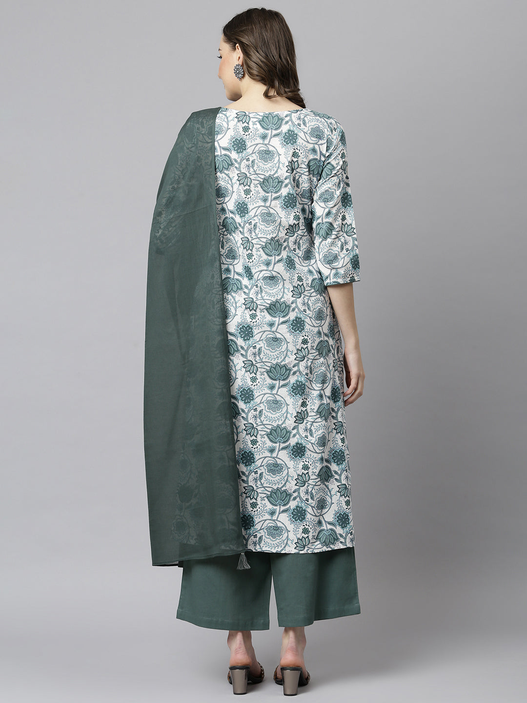 Janasya Women's White Cotton Floral Print Kurta With Palazzo And Dupatta | Grocsy