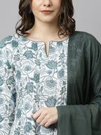 Janasya Women's White Cotton Floral Print Kurta With Palazzo And Dupatta | Grocsy