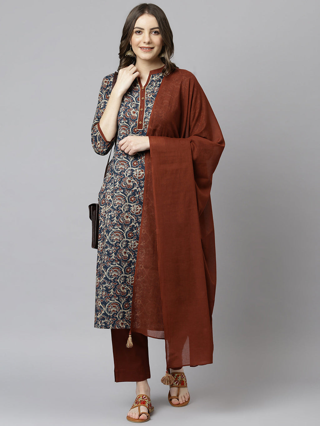 Janasya Women's Teal Blue Cotton Floral Print Kurta With Pant And Dupatta | Grocsy