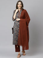 Janasya Women's Teal Blue Cotton Floral Print Kurta With Pant And Dupatta | Grocsy