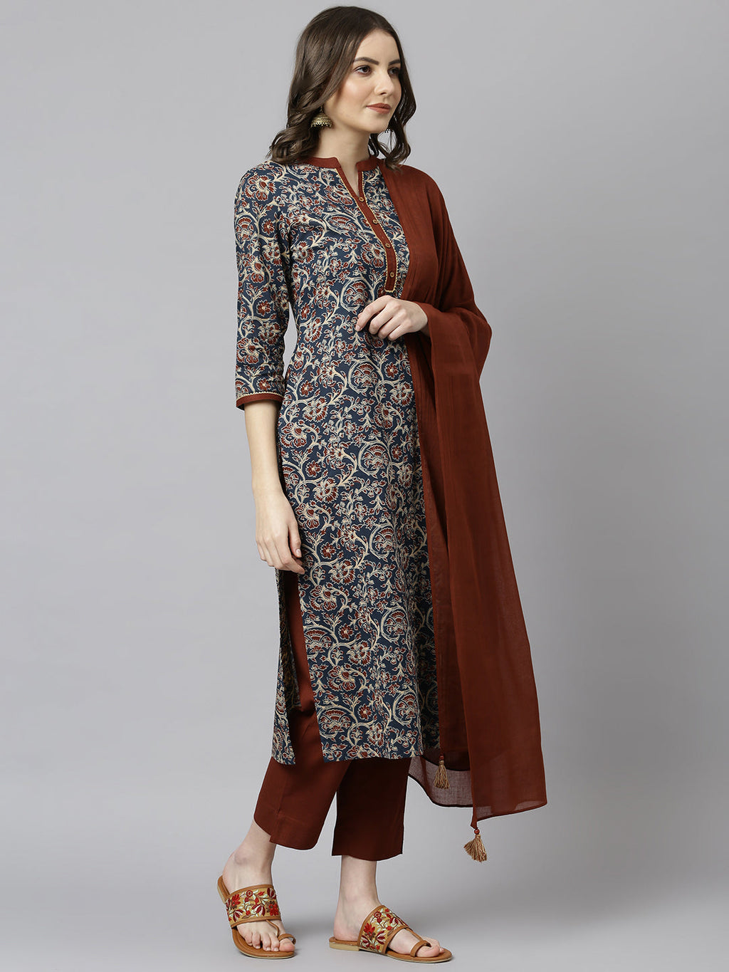 Janasya Women's Teal Blue Cotton Floral Print Kurta With Pant And Dupatta | Grocsy