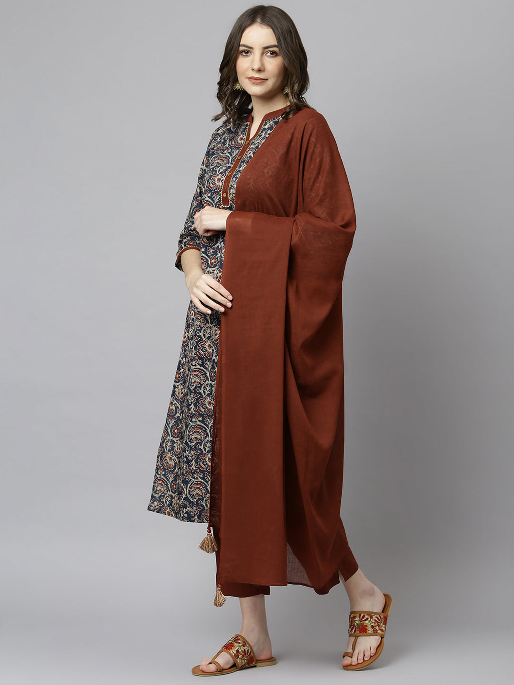 Janasya Women's Teal Blue Cotton Floral Print Kurta With Pant And Dupatta | Grocsy