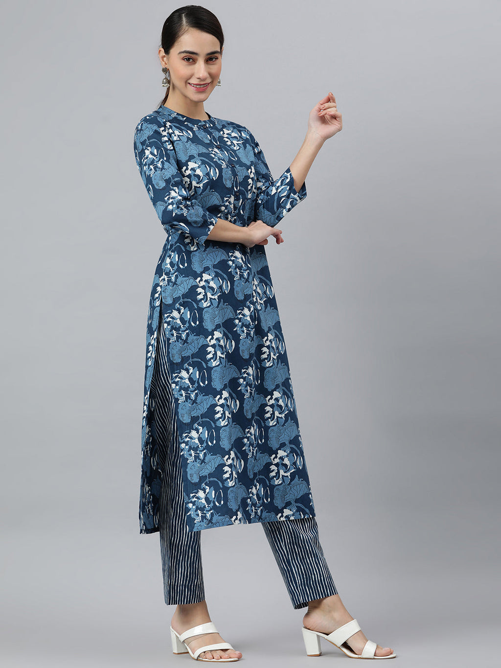 Janasya Women's Blue Cotton Block Print Kurta With Pant And Dupatta | Grocsy