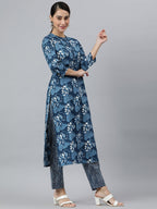 Janasya Women's Blue Cotton Block Print Kurta With Pant And Dupatta | Grocsy