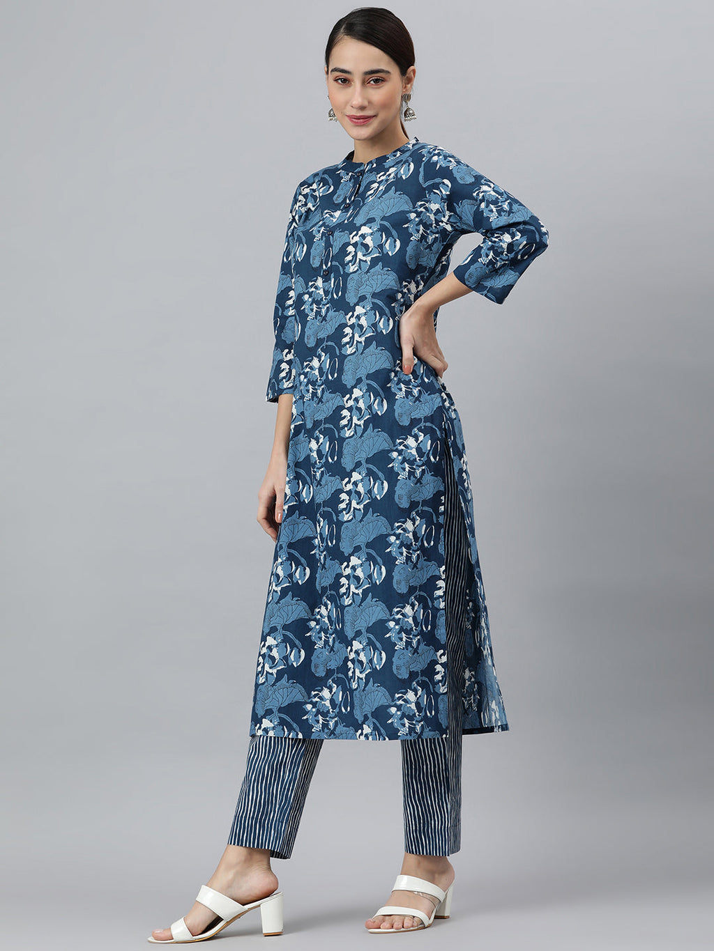 Janasya Women's Blue Cotton Block Print Kurta With Pant And Dupatta | Grocsy