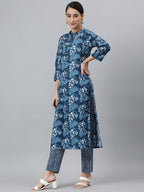 Janasya Women's Blue Cotton Block Print Kurta With Pant And Dupatta | Grocsy