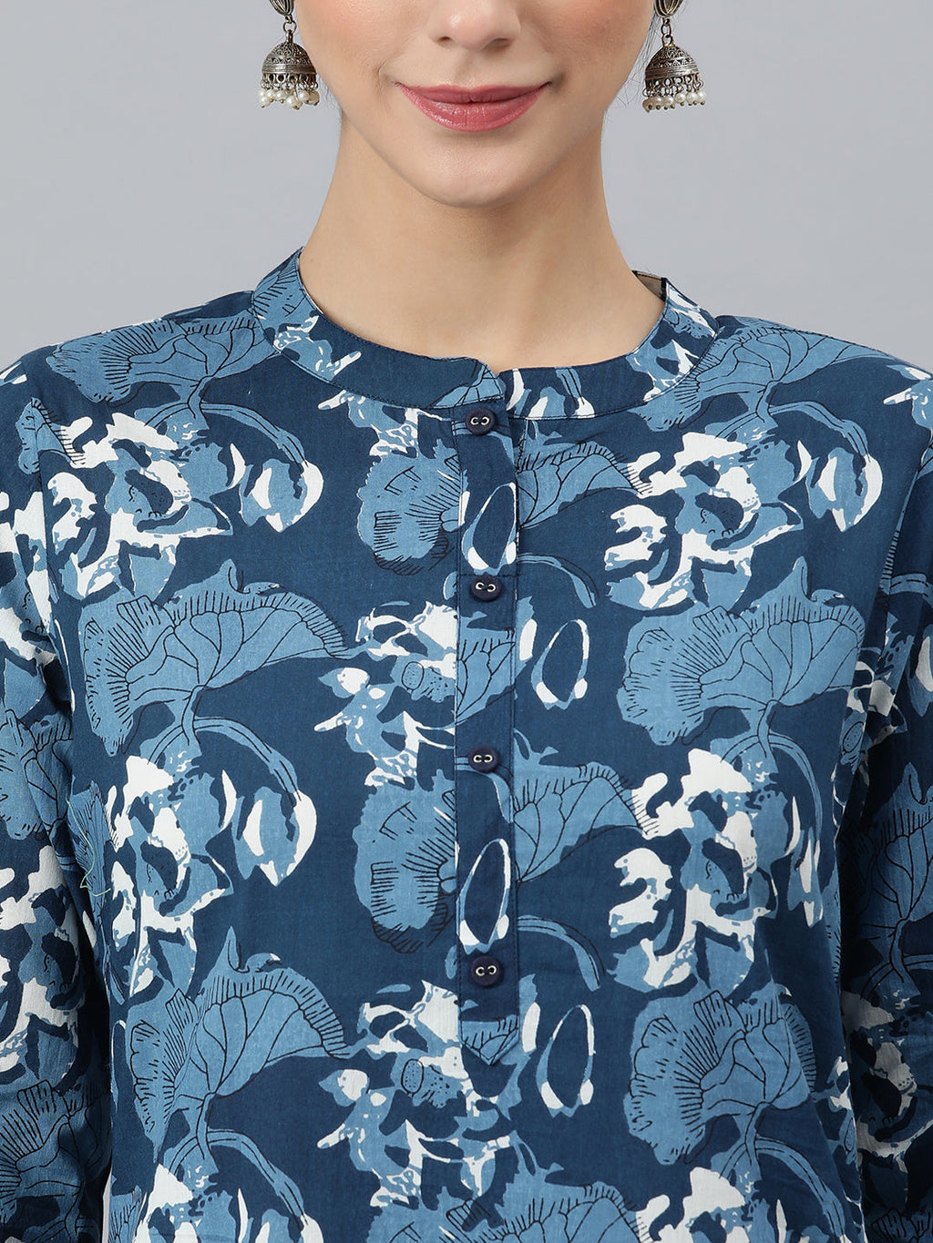 Janasya Women's Blue Cotton Block Print Kurta With Pant And Dupatta | Grocsy