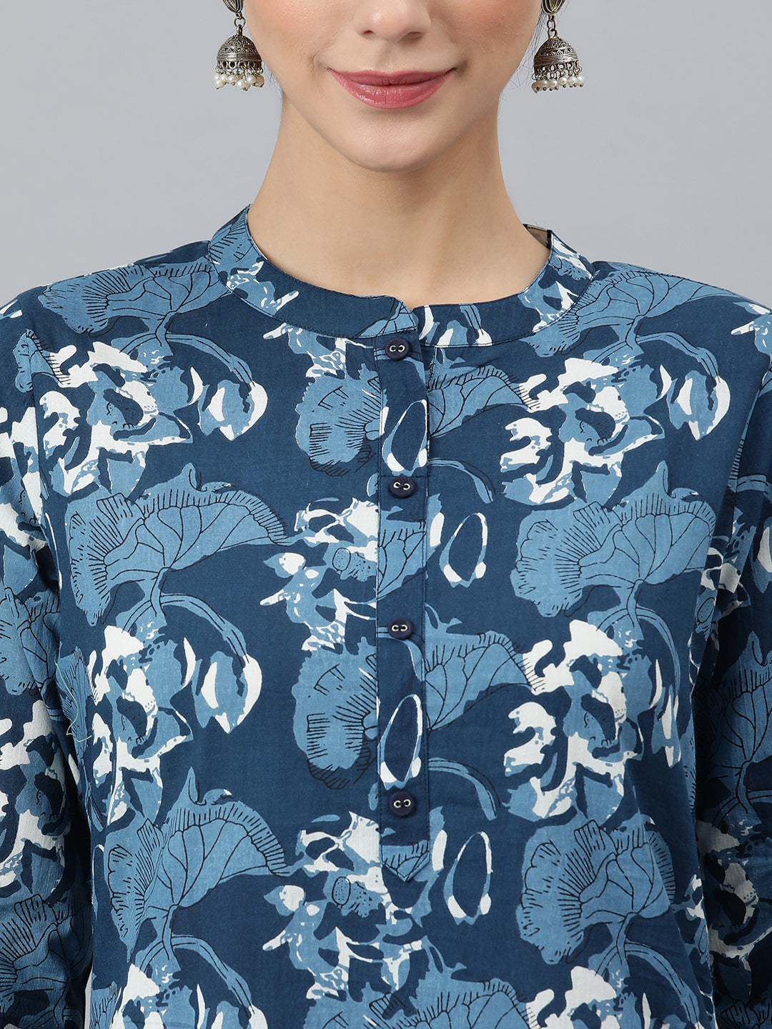 Janasya Women's Blue Cotton Block Print Kurta With Pant And Dupatta | Grocsy