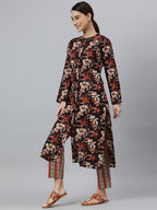 Janasya Women's Black Cotton Botanical Print Kurta With Pant And Dupatta | Grocsy