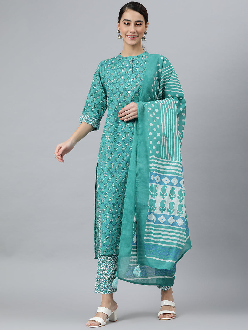 Janasya Women's Sea Green Cotton Block Print Kurta With Pant And Dupatta | Grocsy