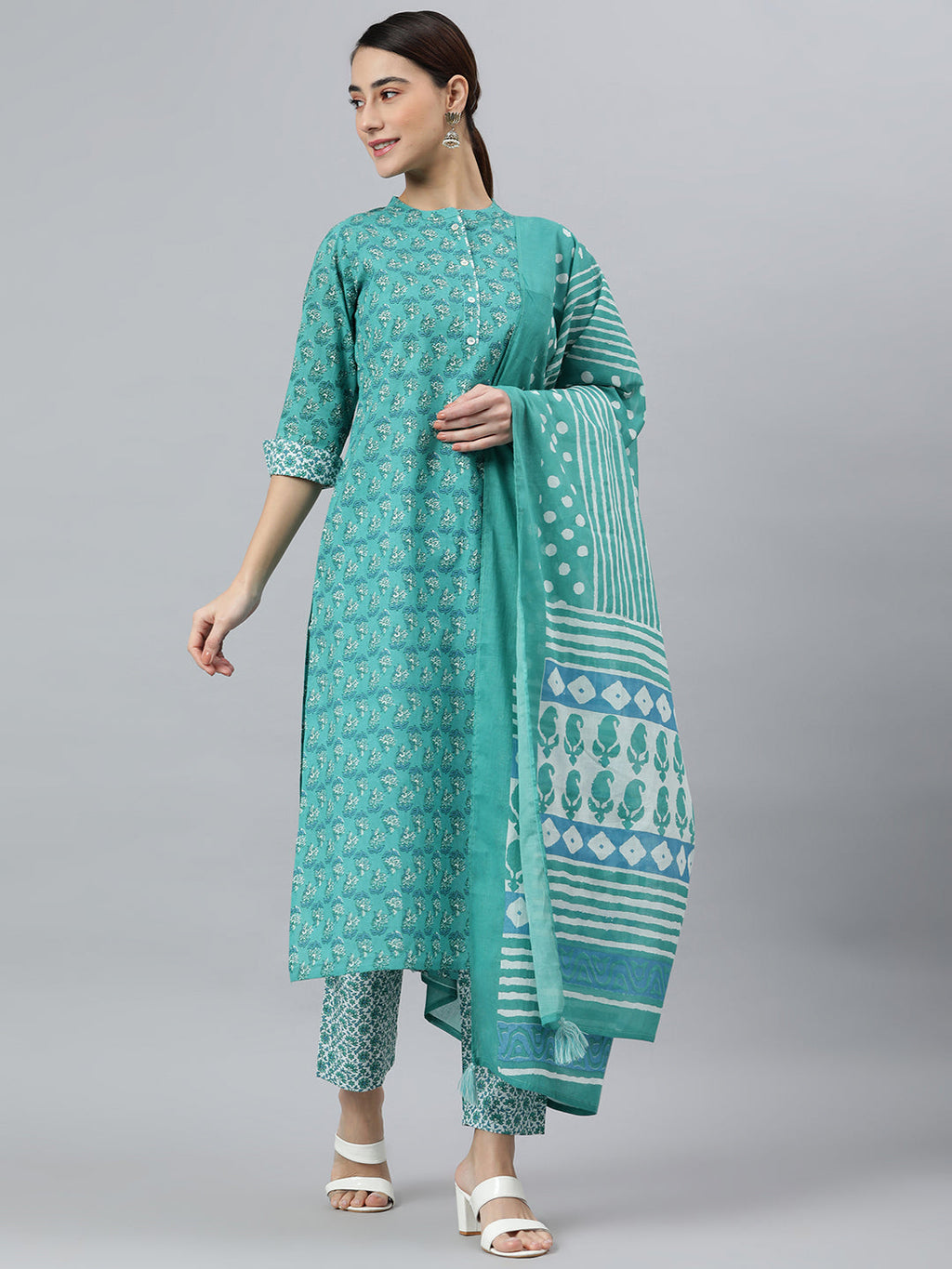 Janasya Women's Sea Green Cotton Block Print Kurta With Pant And Dupatta | Grocsy