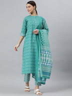 Janasya Women's Sea Green Cotton Block Print Kurta With Pant And Dupatta | Grocsy