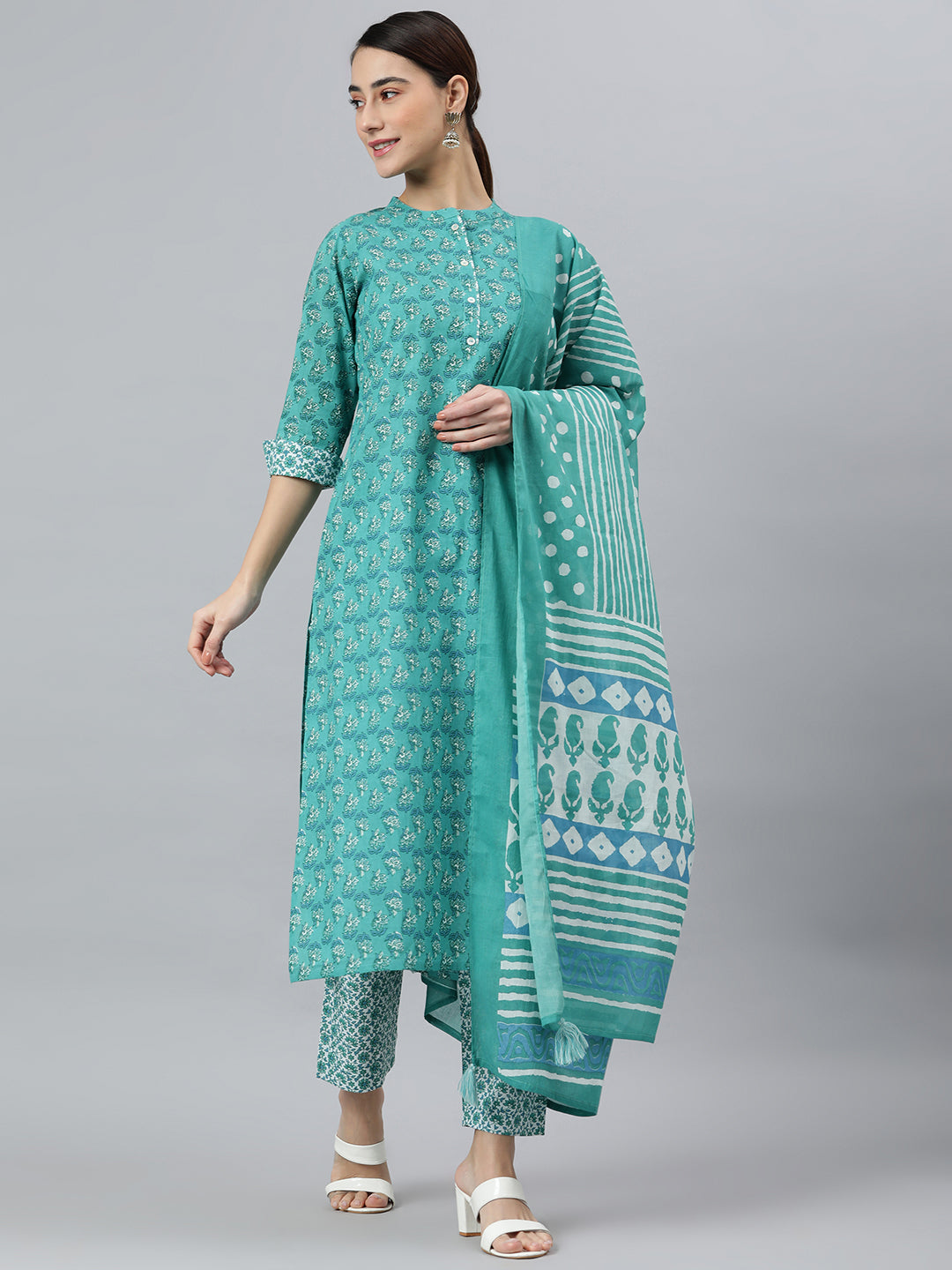 Janasya Women's Sea Green Cotton Block Print Kurta With Pant And Dupatta | Grocsy