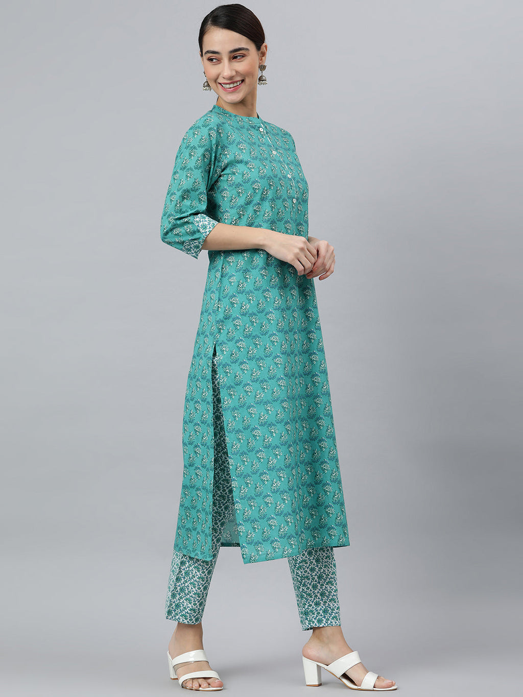 Janasya Women's Sea Green Cotton Block Print Kurta With Pant And Dupatta | Grocsy