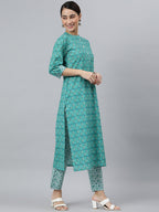 Janasya Women's Sea Green Cotton Block Print Kurta With Pant And Dupatta | Grocsy