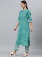Janasya Women's Sea Green Cotton Block Print Kurta With Pant And Dupatta | Grocsy