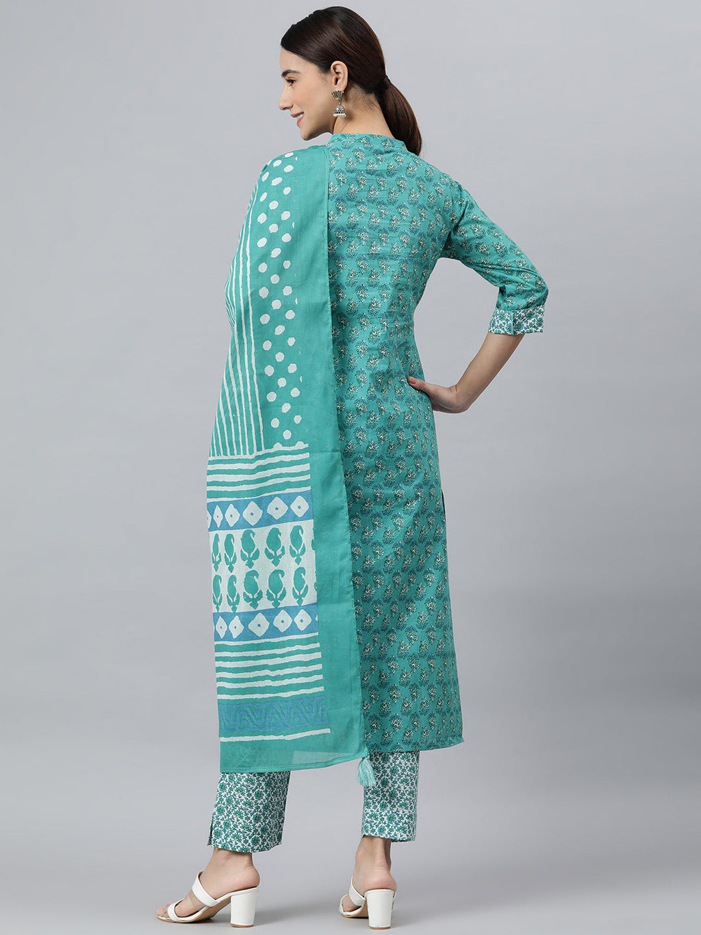 Janasya Women's Sea Green Cotton Block Print Kurta With Pant And Dupatta | Grocsy