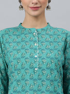 Janasya Women's Sea Green Cotton Block Print Kurta With Pant And Dupatta | Grocsy