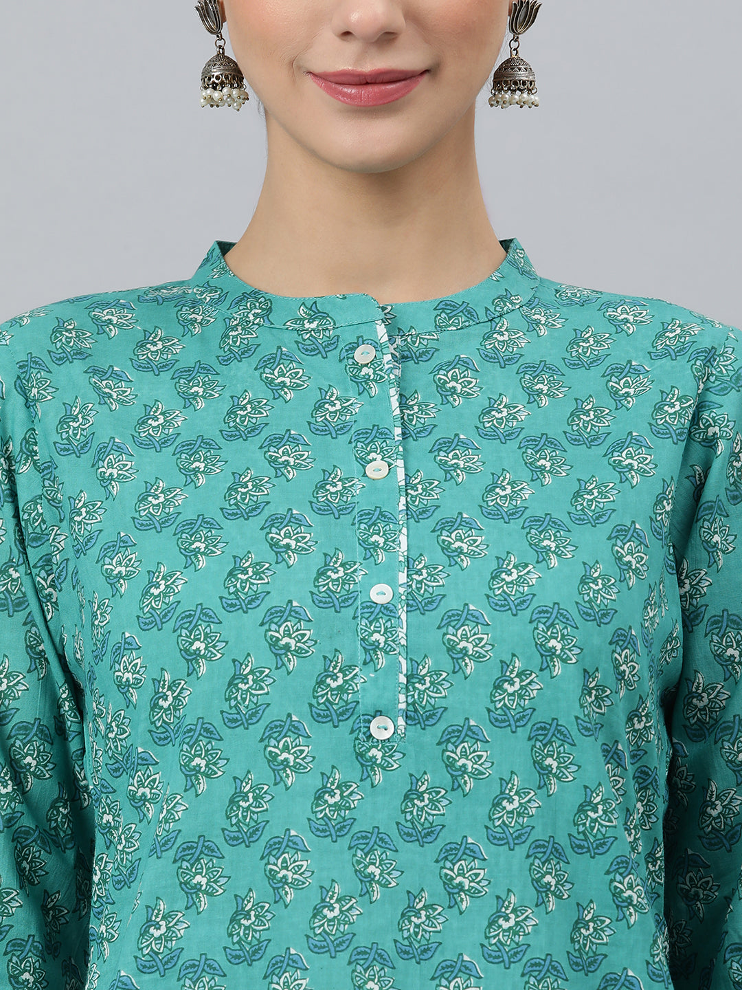 Janasya Women's Sea Green Cotton Block Print Kurta With Pant And Dupatta | Grocsy