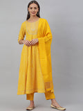 Janasya Women's Yellow Cotton Bandhej Kurta With Pant And Dupatta | Grocsy