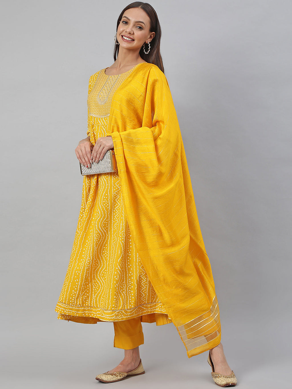 Janasya Women's Yellow Cotton Bandhej Kurta With Pant And Dupatta | Grocsy
