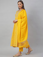 Janasya Women's Yellow Cotton Bandhej Kurta With Pant And Dupatta | Grocsy