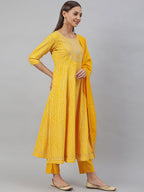 Janasya Women's Yellow Cotton Bandhej Kurta With Pant And Dupatta | Grocsy