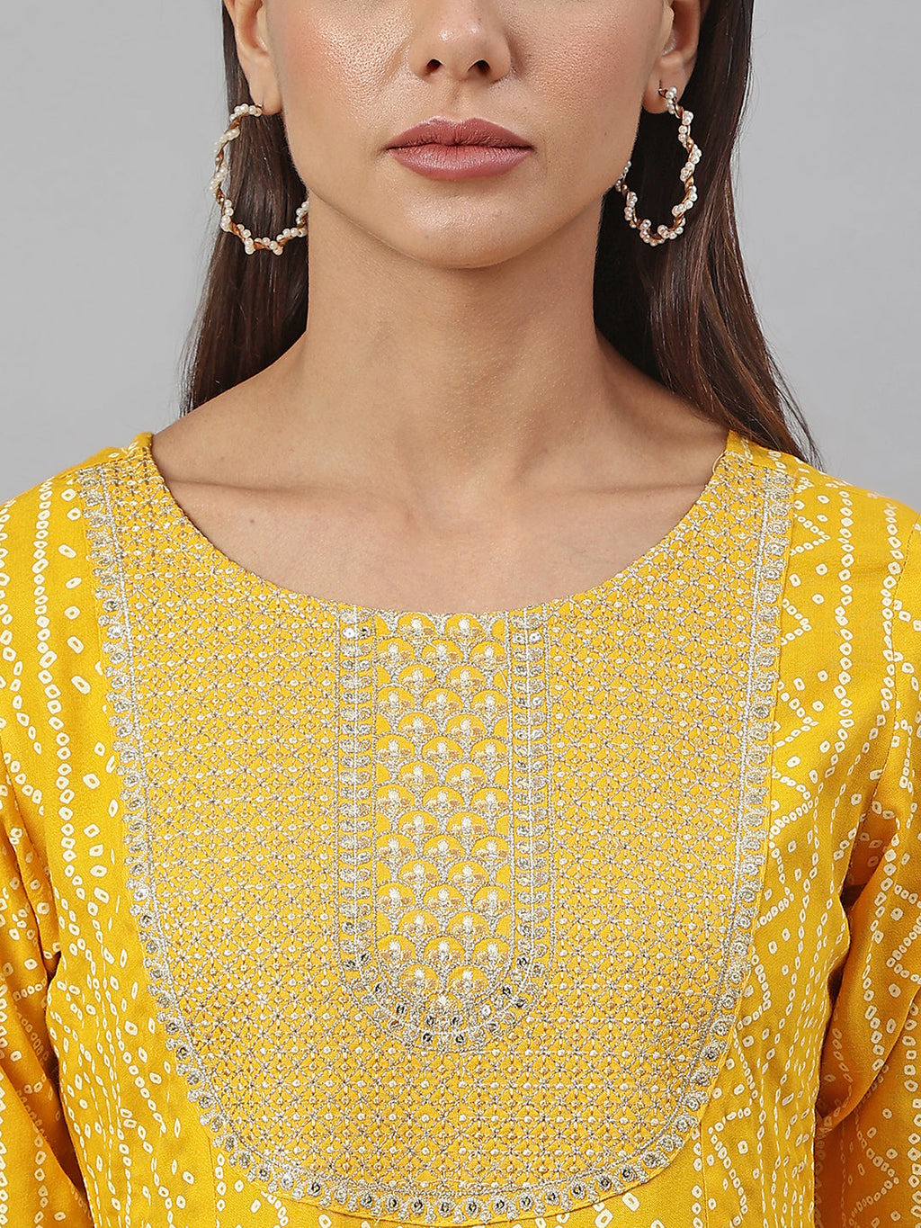 Janasya Women's Yellow Cotton Bandhej Kurta With Pant And Dupatta | Grocsy