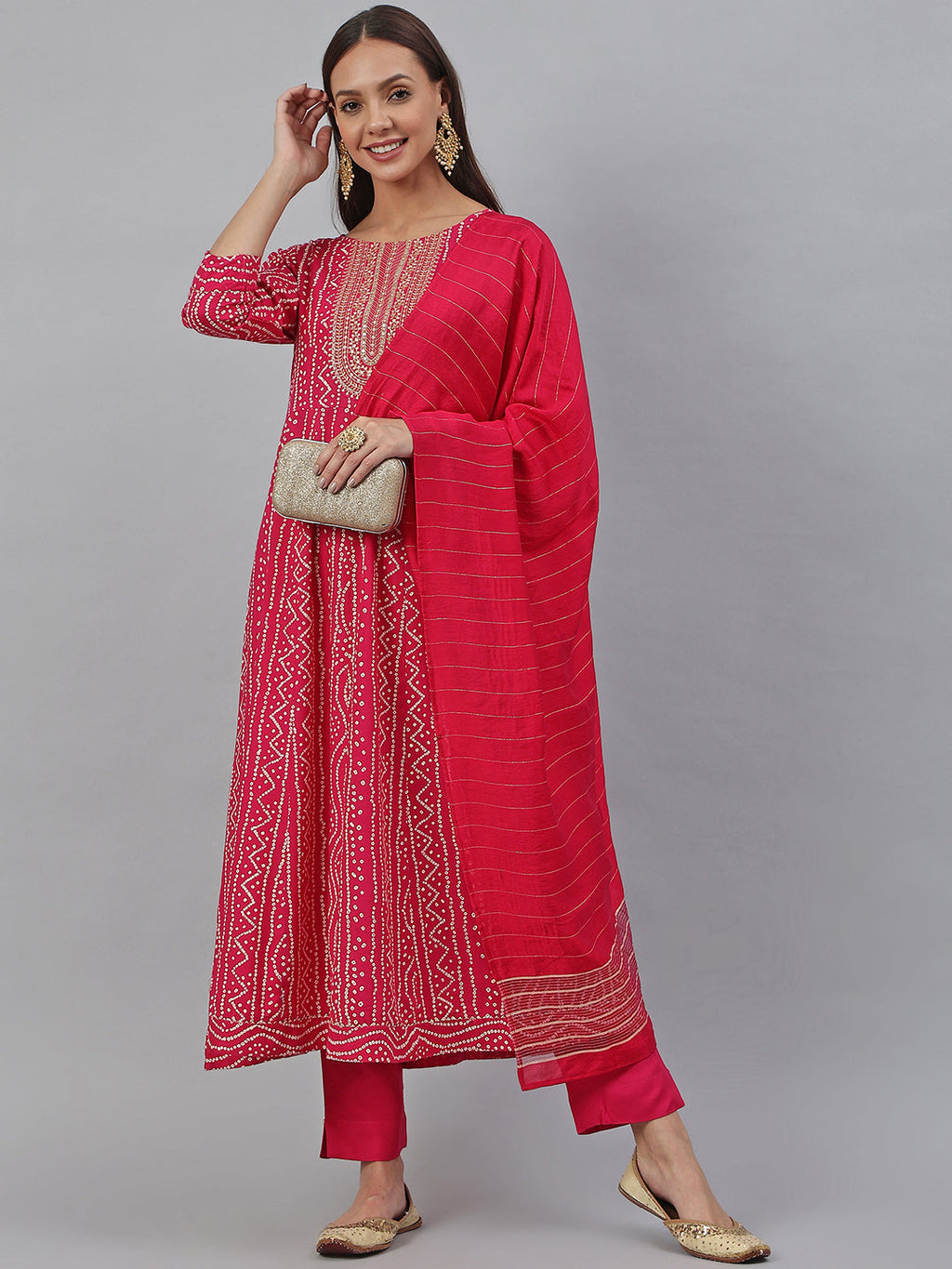 Janasya Women's Pink Rayon Bandhani Kurta With Pant And Dupatta | Grocsy