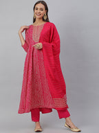 Janasya Women's Pink Rayon Bandhani Kurta With Pant And Dupatta | Grocsy