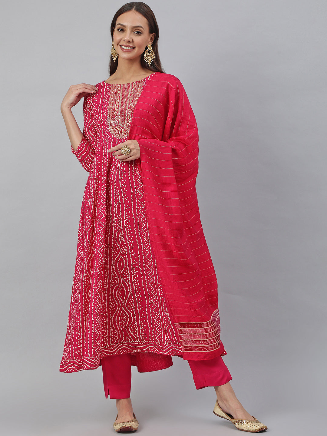 Janasya Women's Pink Rayon Bandhani Kurta With Pant And Dupatta | Grocsy